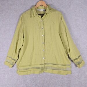Poetic Chartreuse Green Ramie Rayon Sheer Panel Button Front Blouse Size 14